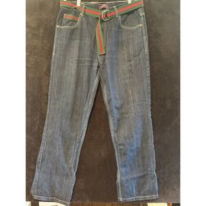 Atti Mens Denim Jeans 38x32 Embellished Pockets Red Green Belt‎ Detailed